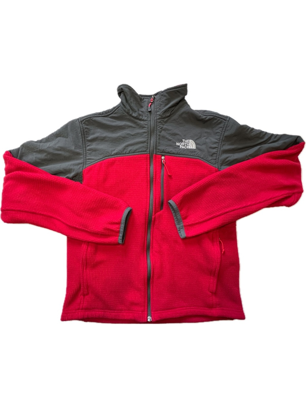 Vintage North Face Mens Denali Red and Gray Full-Zip Fleece Jacket Y2K Size S